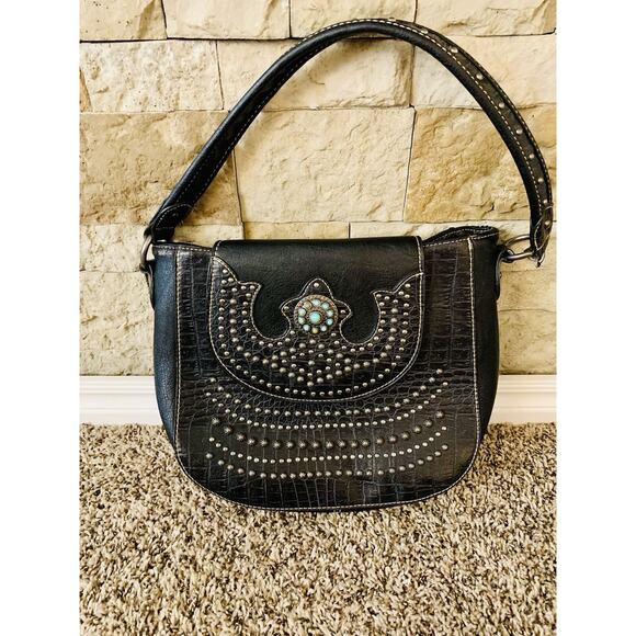 Montana West Handbags - Montana West Black And Turquoise Grommet Bag Purse Tote